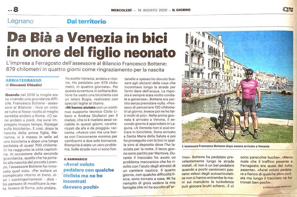 Ritaglio stampa: Da Bià a Venezia in bici in onore del figlio neonato
