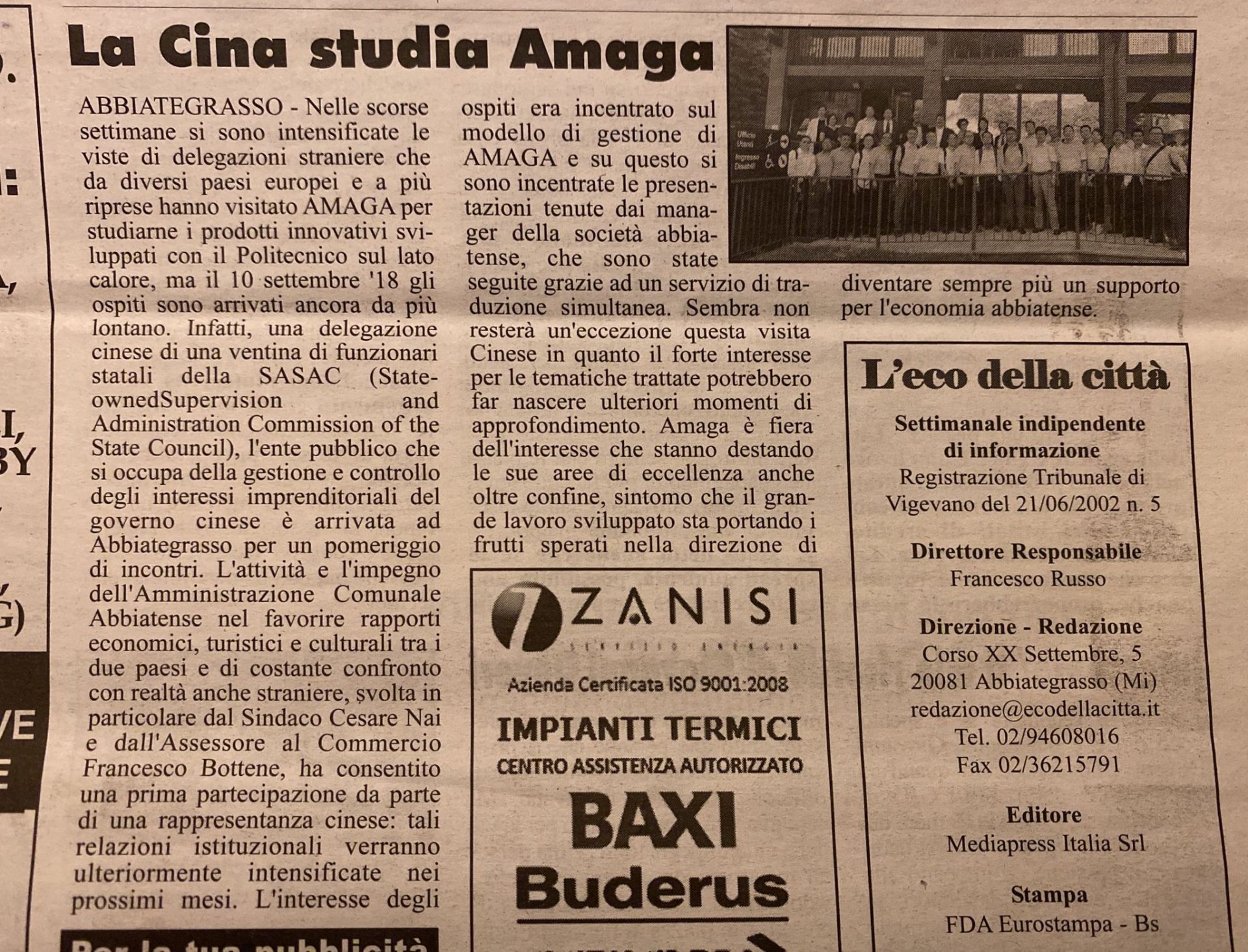 Ritaglio stampa: La Cina studia Amaga