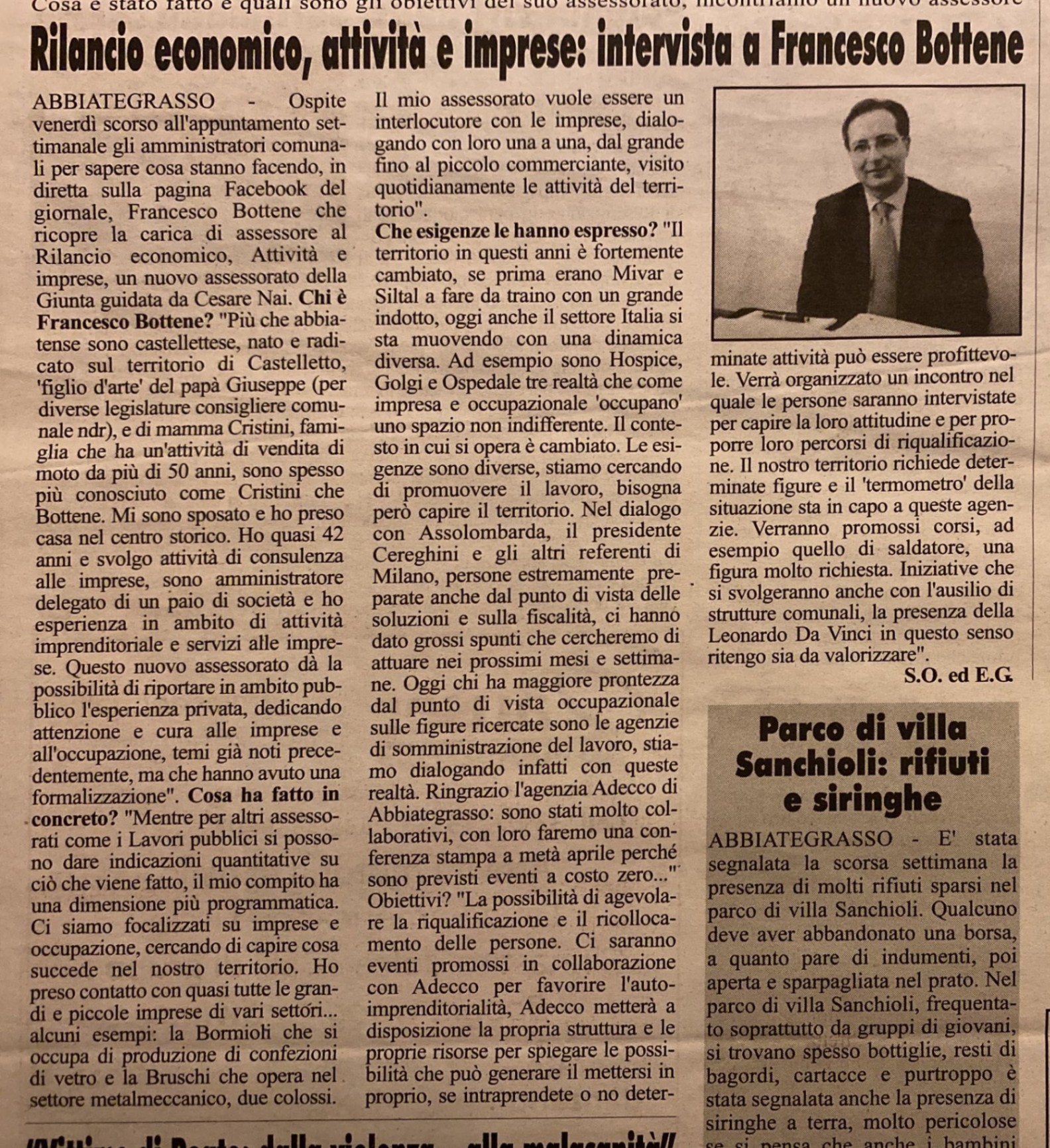 Ritaglio stampa: Rilancio economico, attività e imprese: intervista a Francesco Bottene