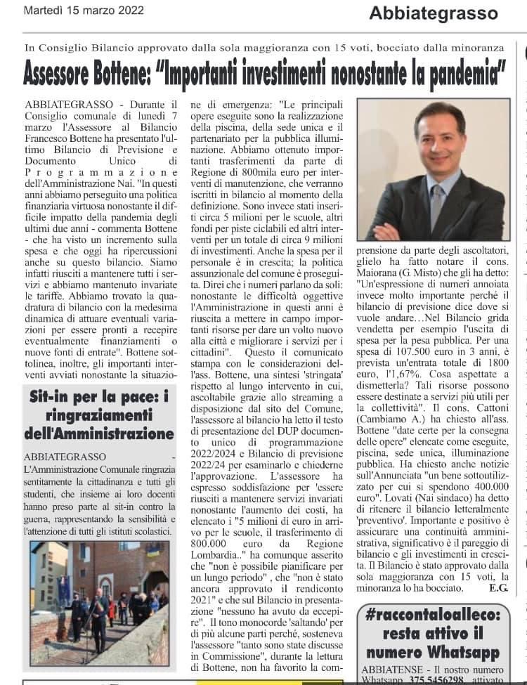 Ritaglio stampa: «Importanti investimenti nonostante la pandemia»