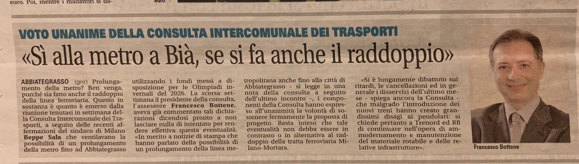 Ritaglio stampa: «Sì alla metro a Bià, se si fa anche il raddoppio»