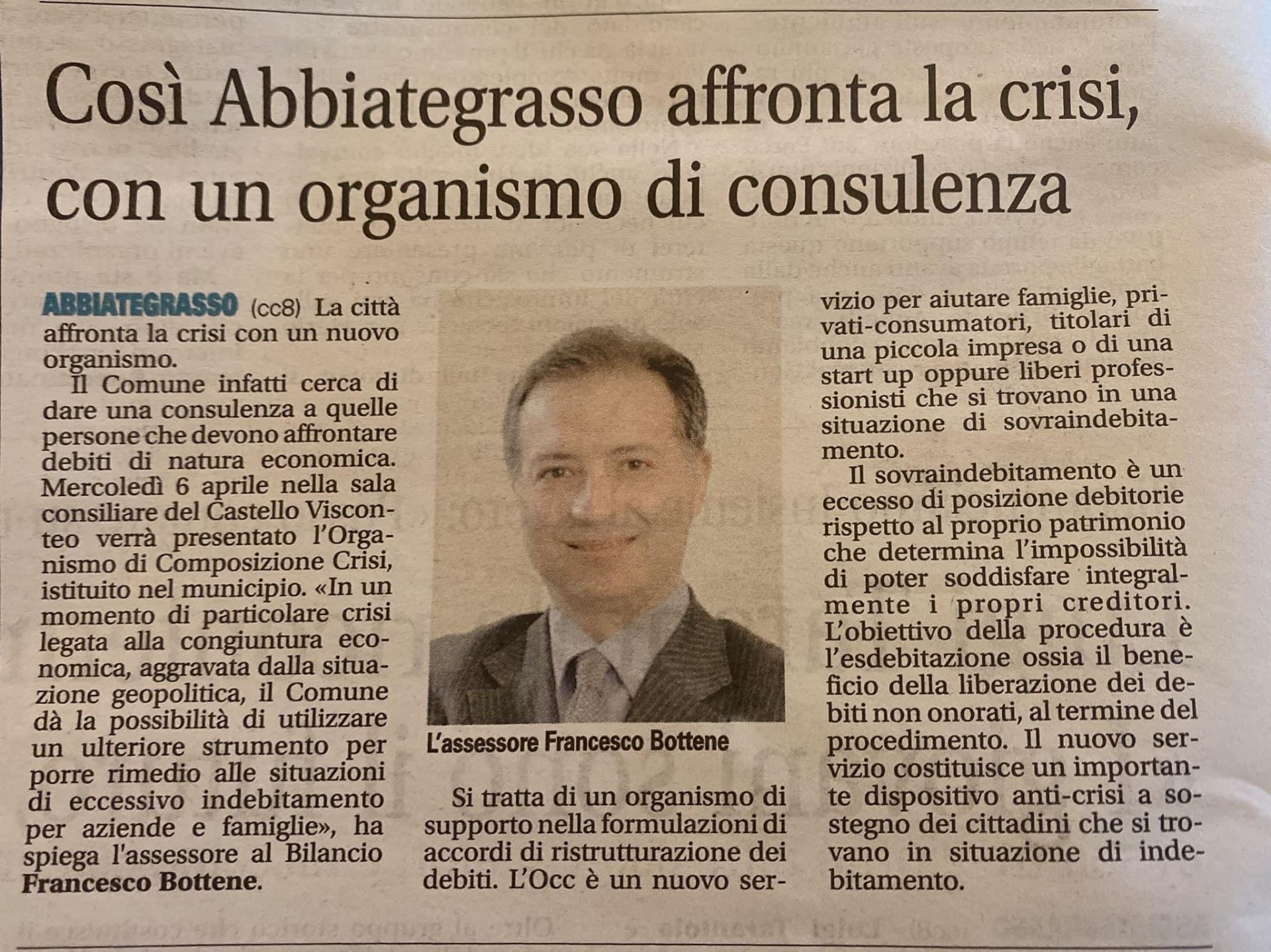 Ritaglio stampa: Così Abbiategrasso affronta la crisi, con un organismo di consulenza