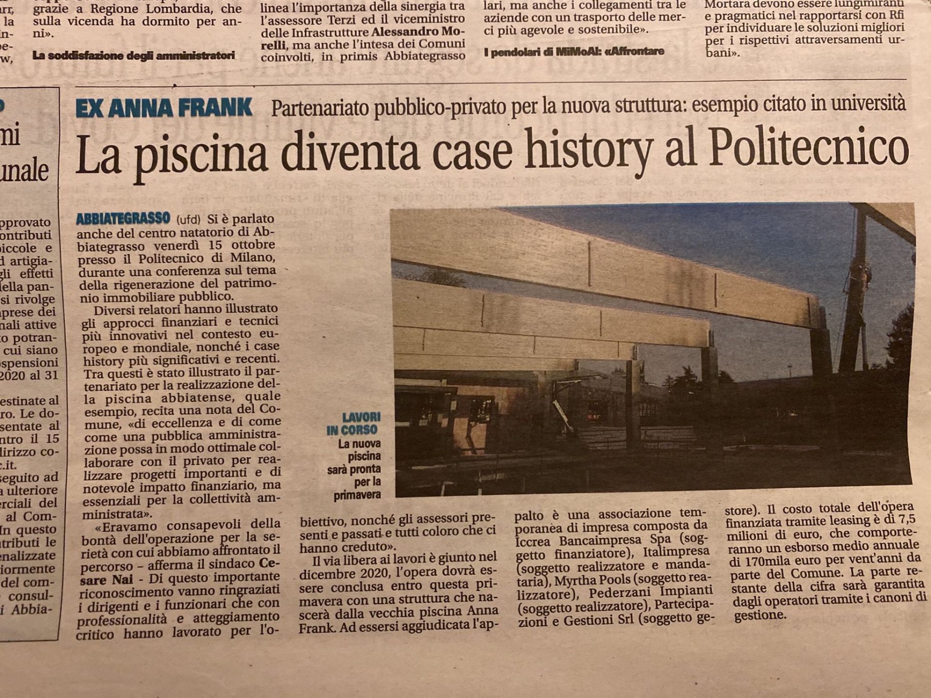 Ritaglio stampa: La piscina diventa case history al Politecnico