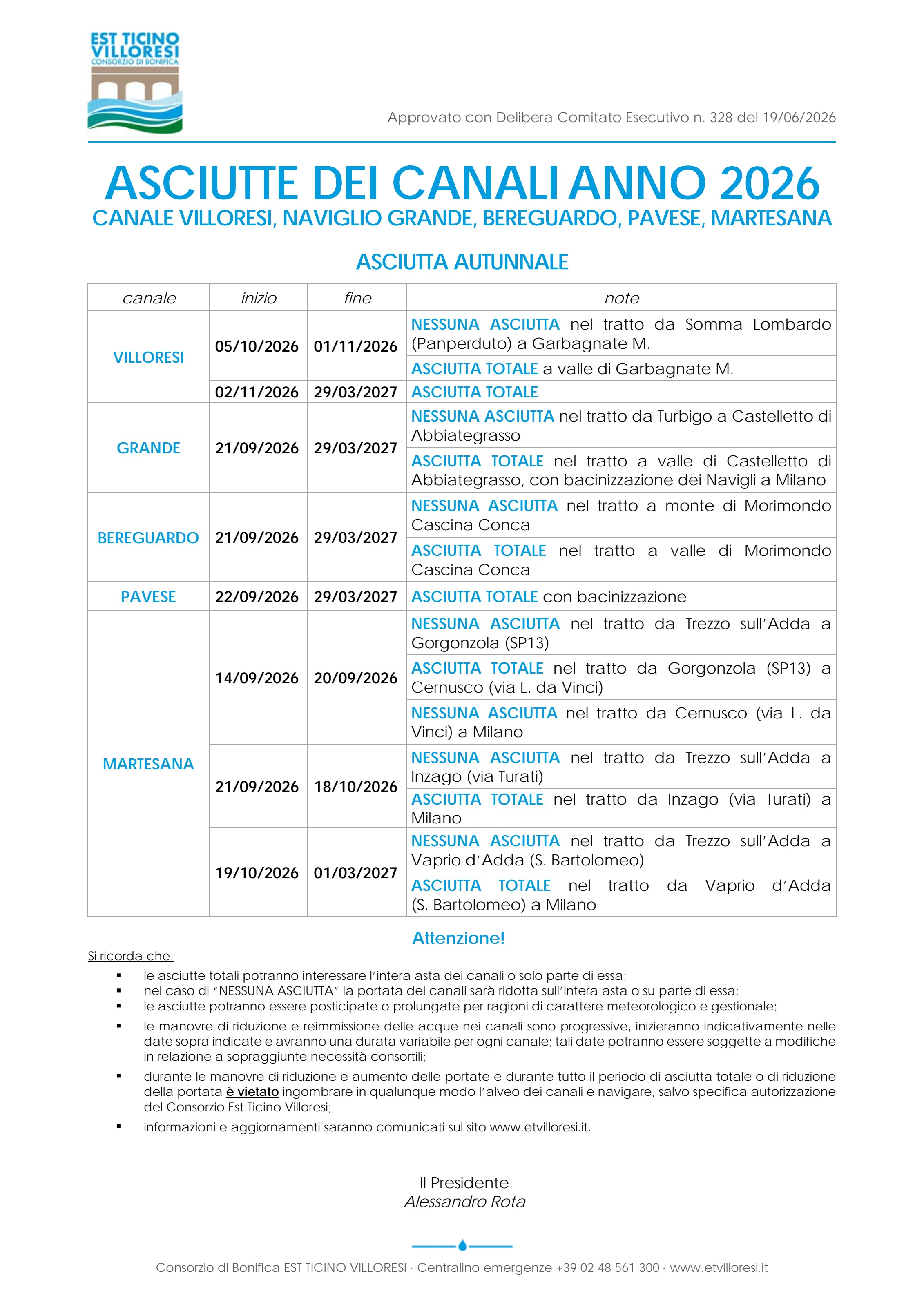 Ritaglio stampa: Asciutte dei canali 2026: pubblicato il calendario del Consorzio Villoresi