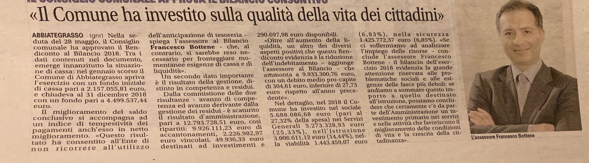 Ritaglio stampa: «Il Comune ha investito sulla qualità della vita dei cittadini»
