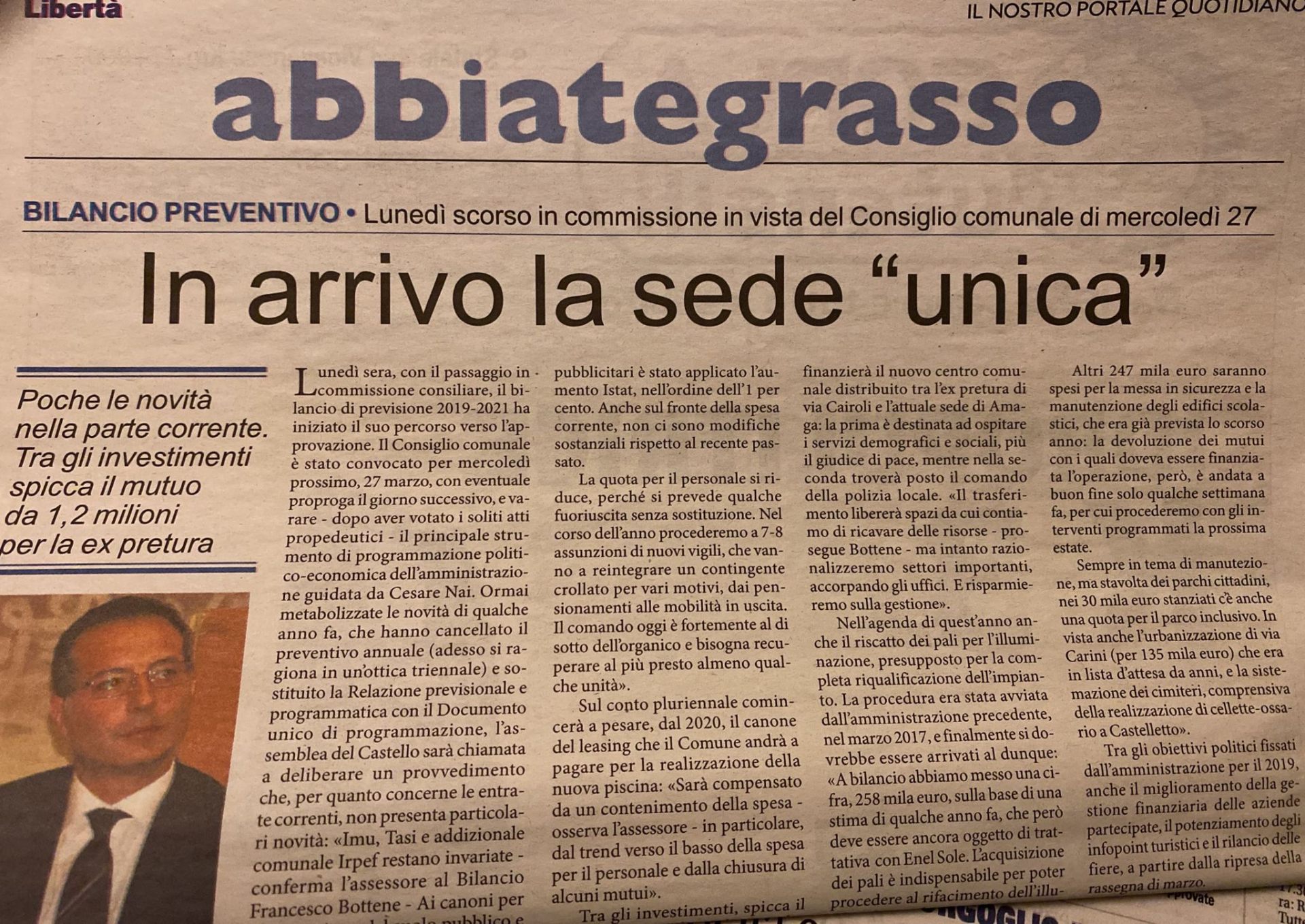 Ritaglio stampa: In arrivo la sede «unica»