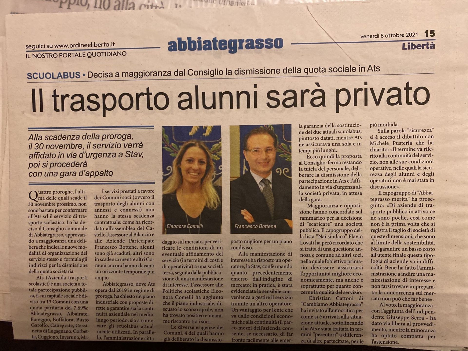 Ritaglio stampa: Il trasporto alunni sarà privato