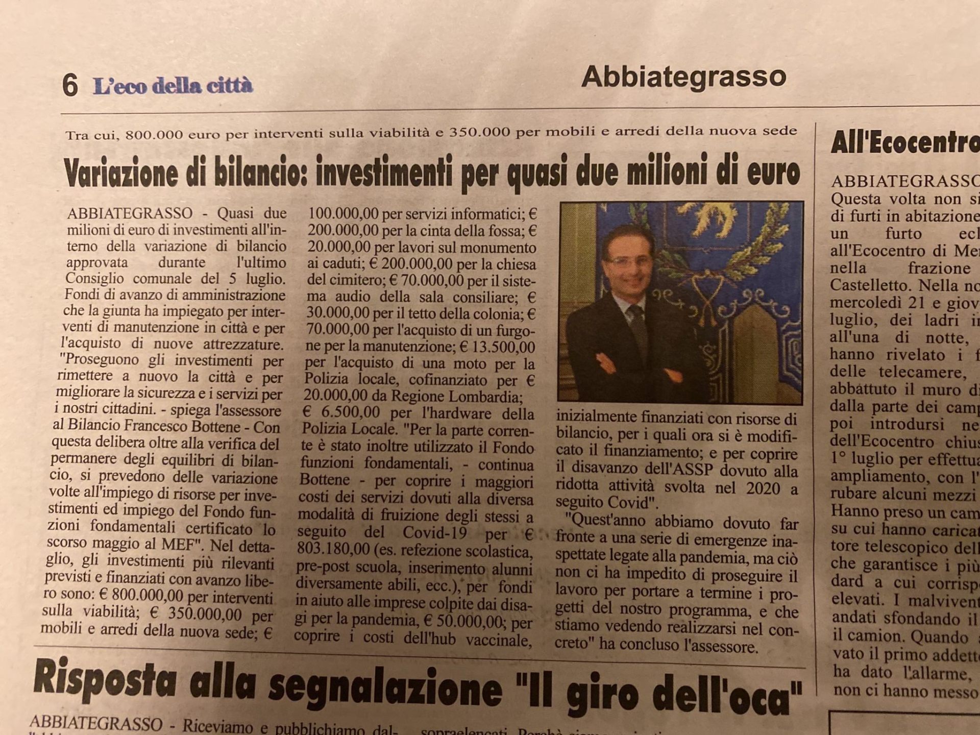 Ritaglio stampa: Variazione di bilancio: investimenti per quasi due milioni
